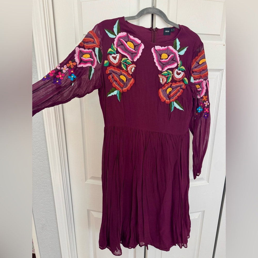 ASOS size 12 Maroon Dress with Colorful embroidered floral all over EUC